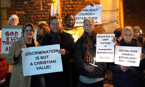 Jayne Ozanne, with Labour MP Ben Bradshaw and activist Peter Tatchell, protesting outside Lambeth Palace to demand an end to discrimination against LGBT+ people in the Church of England.