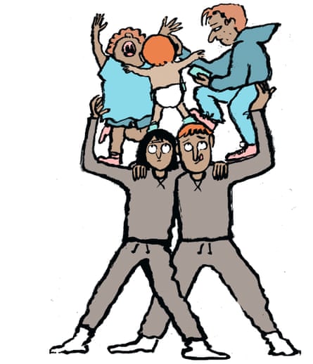 Illustration of parents balancing three kids of different ages on their shoulders