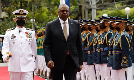 US defence secretary Lloyd Austin reviews honour guards in Quezon City, Metro Manila, on Thursday. The US has sealed a deal with the Philippines to expand its access to military bases there.