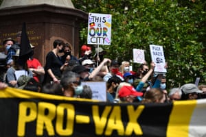 Members of the Campaign Against Racism and Fascism group take part in the counter-protest in Melbourne.