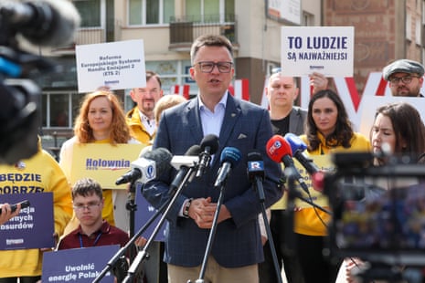 Szymon Holownia, speaker of Poland's lower house and the presidential candidate representing two coalition government parties, his own centre-right Poland 2050 and the pro-farmer Polish People's Party (PSL), attends a meeting with local residents in Białystok.