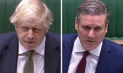 Boris Johnson and Keir Starmer. Separate head and shoulder shots with green Commons benches behind