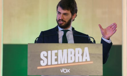 Juan García-Gallardo, the leader of far-right Vox party in Castilla y León, speaks during a press conference in Valladolid a day after regional election.