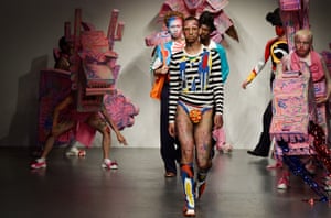 Think pink … Charles Jeffrey Loverboy models at London men’s fashion week.