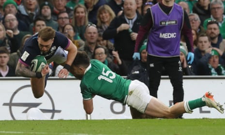 Hugo Keenan makes a try-saving tackle for Ireland