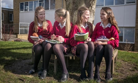 Weald of Kent Grammar School in Tonbridge. Year seven girls at morning break time. Photo by Sarah Lee