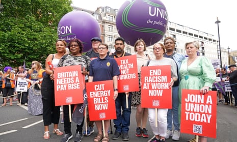 Union members alongside TUC general secretary, Frances O'Grady (fourth right) demonstrating in London earlier this month. 
