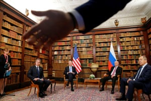 Geneva, Switzerland A security officer indicates to the media to step back as the US president, Joe Biden, secretary of state, Antony Blinken, Russia’s president, Vladimir Putin, and foreign minister, Sergei Lavrov, meet for the US-Russia summit at Villa La Grange