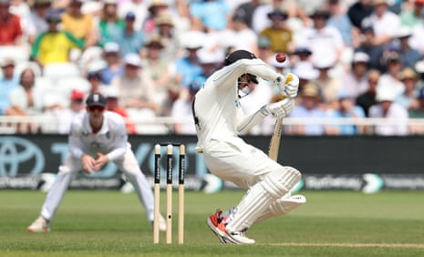 Mitchell Santner is struck on the glove off the bowling of Ben Stokes.