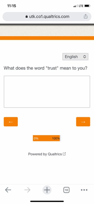 A screen shot from the application says 'what does the word trust mean to you'