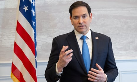 US state secretary Marco Rubio speaks to the media during a refueling stop at Shannon Airport in Shannon, Ireland.