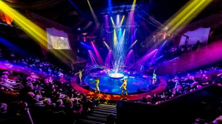 An aerial shot looking down on a circus ring during a show