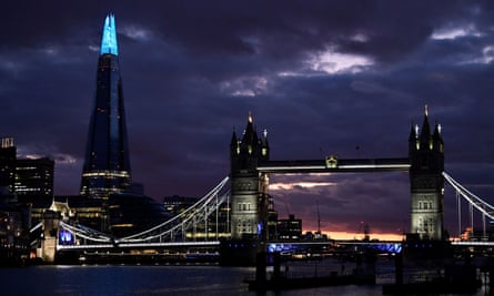 The Shard and Tower Bridge are lit to show appreciation and support for NHS staff on Thursday 26 March.
