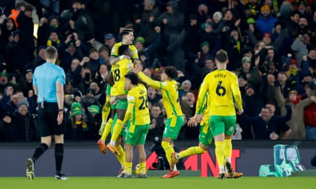 Norwich City’s Amankwah Forson (middle left) celebrates his dramatic equaliser against Coventry.