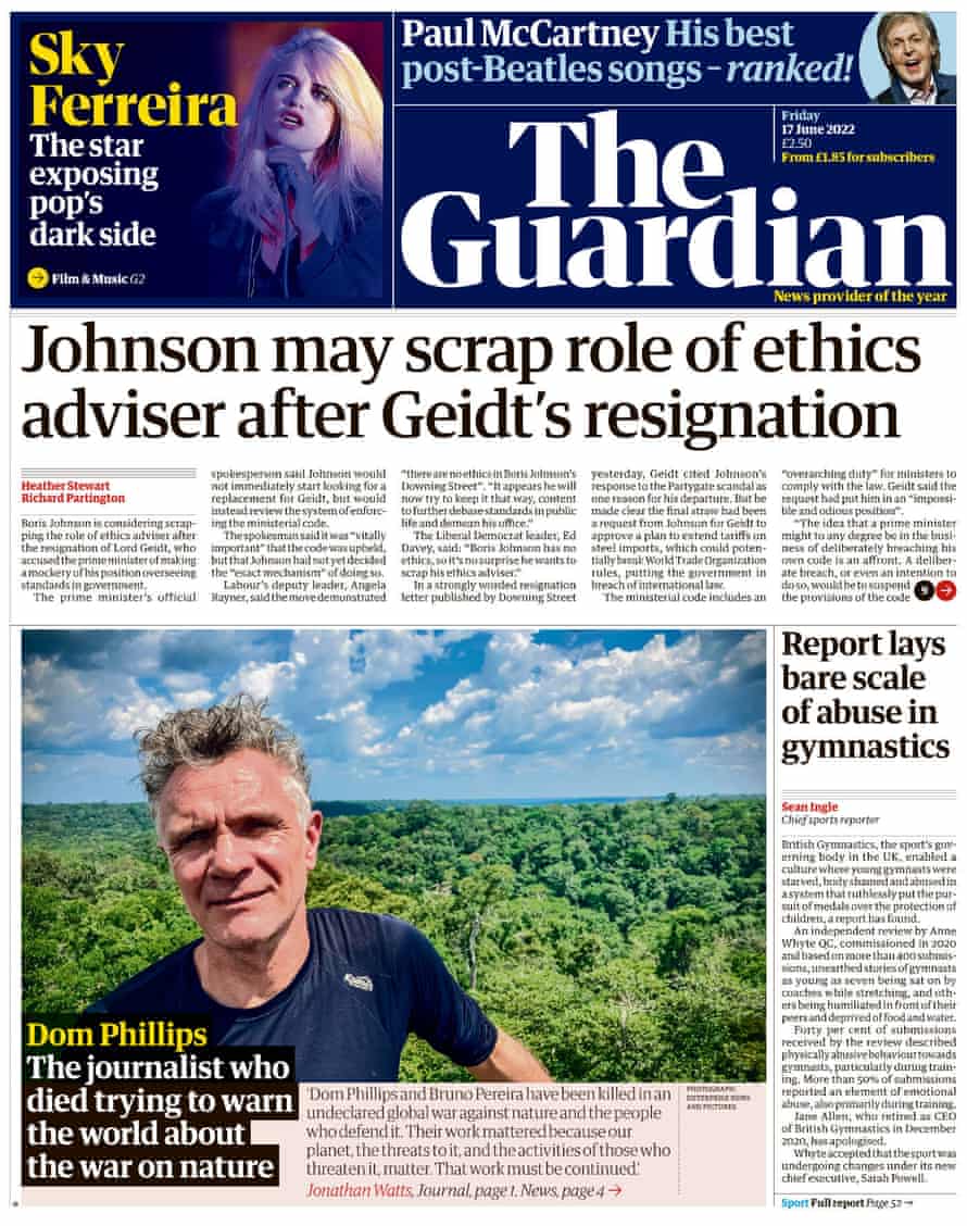 Guardian front page, 17 June 2022
