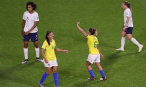 Brazilian Tamires (second right) protests after her goals are not allowed.