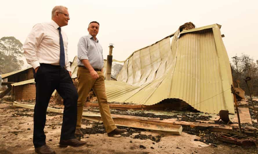 Nationals MP Darren Chester and prime minister Scott Morrison tour bushfire ravaged areas in Gippsland after the 2020 fires.