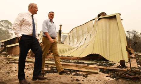 Nationals MP Darren Chester and prime minister Scott Morrison tour bushfire ravaged areas in Gippsland after the 2020 fires.