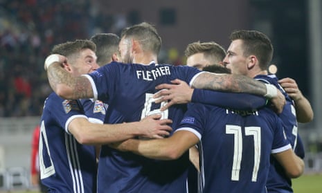 Scotland’s players celebrate James Forrest’s second goal and their fourth against Albania.