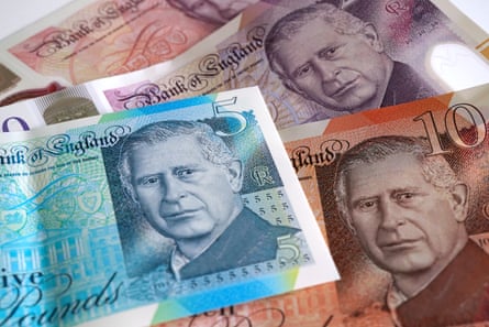 £5, £10, £20 and £50 bank notes.