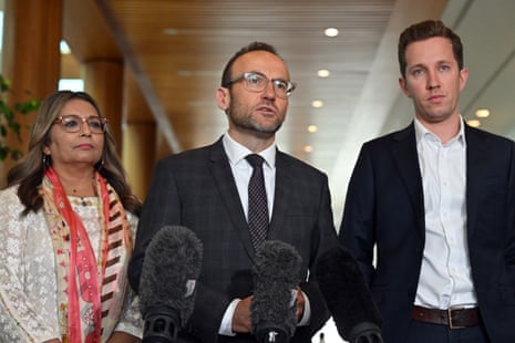 Greens senator Mehreen Faruqi, leader Adam Bandt and MP Max Chandler-Mather at a press conference at Parliament House in Canberra