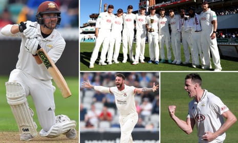 Clockwise from left: Rory Burns, Surrey win the title, Morne Morkel, and Jordan Clark celebrates the wicket of Joe Root.