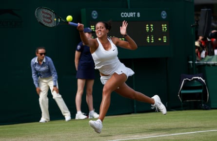 Madison Keys in action against Petra Kvitova at Wimbledon in 2015.