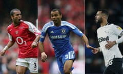 Ashley Cole celebrates scoring his penalty for Arsenal against Manchester United during the FA Cup Final in 2005, playing for Chelsea against Liverpool in the 2012 final and playing for Derby County  on 9 February 2018. Composite photographs by Getty Images and Rex Features.
