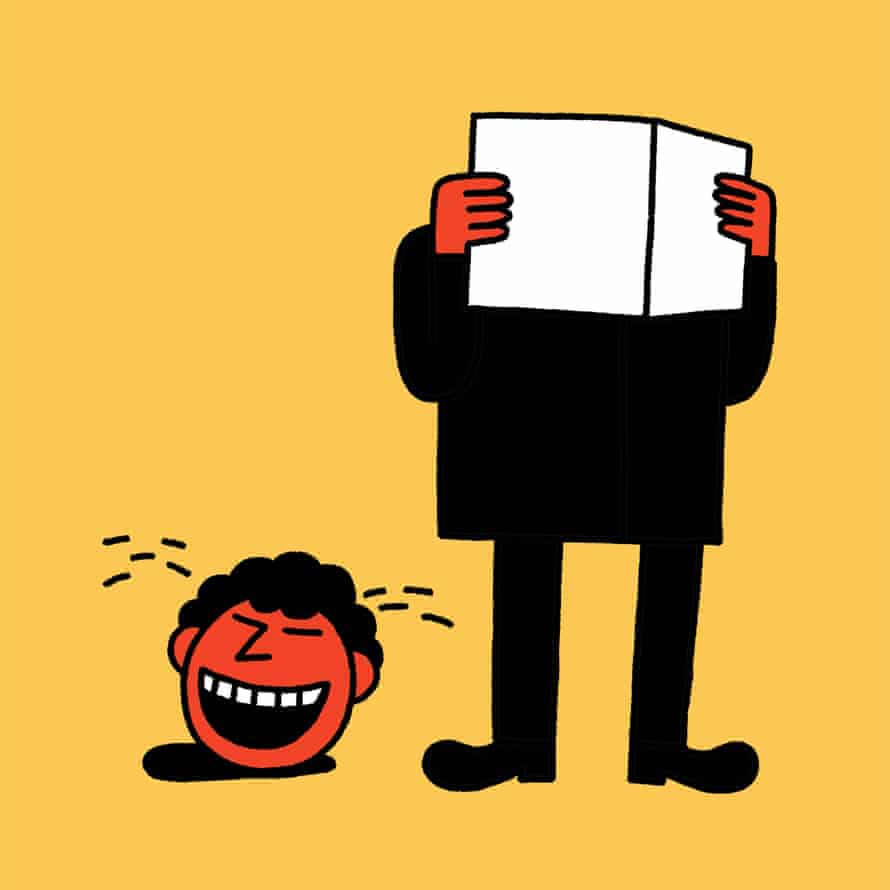 Illustration by Leon Edler of a man laughing his head off reading a book.