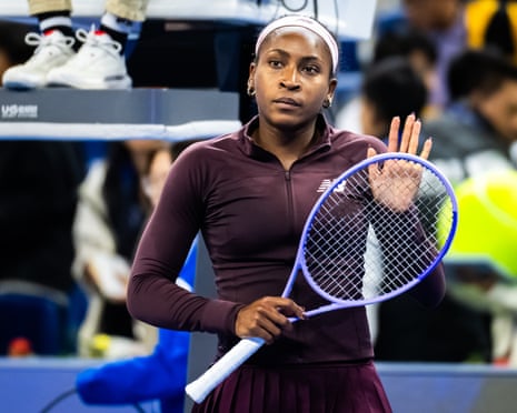 Coco Gauff reacts to defeating Sun Xinran at the China Open