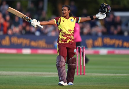 Hayley Matthews of West Indies celebrates reaching her period against England past year