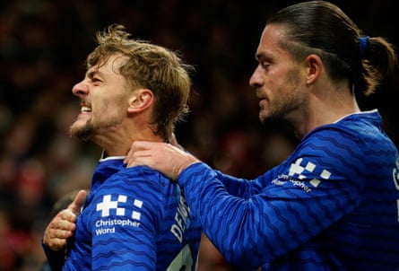 Kiernan Dewsbury-Hall, left, celebrates with Jack Grealish after scoring the opening goal against Manchester United in November
