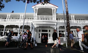 Guests enjoy the late evening sun at the Duke of Marlborough Hotel in Russell where New Zealand First Leader Winston Peters and supporters await election results on 17 October 2020 in Auckland, New Zealand.