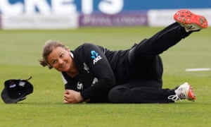 New Zealand’s Suzie Bates takes a catch to dismiss England’s Tammy Beaumont.