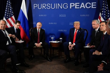 Donald Trump and Vladimir Putin sit formally in front of a blue screen with the title Pursuing Peace.