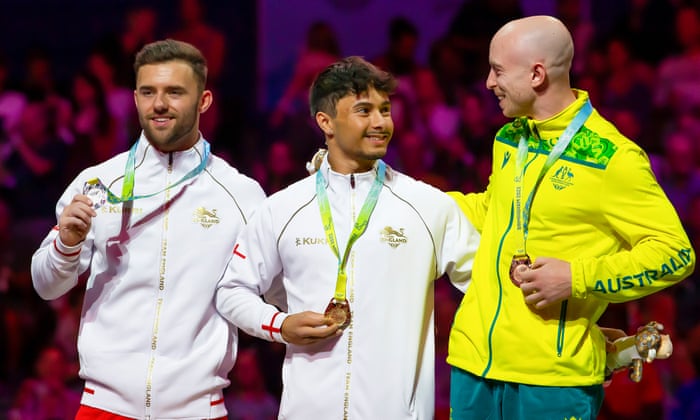 Jake Jarman of England winning gold on the pommel horse