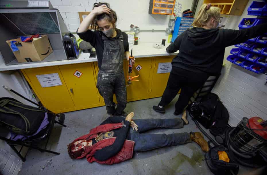 ‘About as big as it gets’: behind the scenes of Wagner’s The Valkyrie at English National Opera | Opera 9 Clare Esnault (left) and Mikaela Hale, freelance prop makers, in the props department. Bodies are prepared in the props room. This dummy corpse is known as Marty, because he reminds the technicians of Marty McFly from Back to the Future