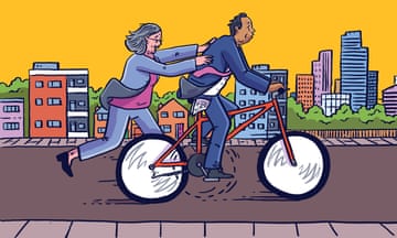 Graphic by Dom Mckenzie shows a woman hitching a ride on the back of a bicycle steered by a man with a CV in his pocket