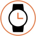 Illustration of watch in white circle with orange border