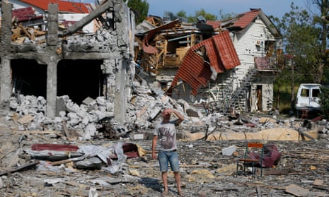 A local man inspects debris of private buildings and recreation center after a recent rocket hit in Zatoka settlement near the South Ukrainian city of Odesa amid the Russian invasion. At least four people were injured, according to the State Emergency Service.