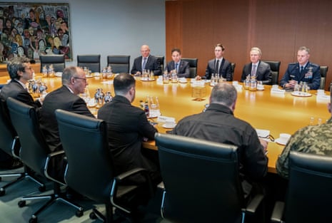 Foreign and security policy adviser Guenter Sautter, German Chancellor Friedrich Merz, Ukraine’s president Volodymyr Zelenskyy, Secretary of the National Security and Defense Council of Ukraine Rustem Umerov, facing the US delegation, among them US President Donald Trump’s son-in-law Jared Kushner (back row C) and US special envoy Steve Witkoff (back row 2ndR) at the start of their meeting in a conference room in the Chancellery in Berlin yesterday.