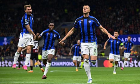 Edin Dzeko is chased down by his jubilant teammates after setting Inter en route to a fine win against Milan with a superb early volley.