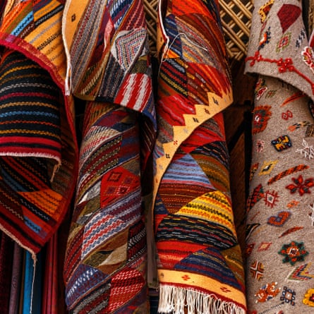 Close-up of a selection of handmade Moroccan kilim rugs