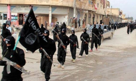 Isis fighters marching with flags