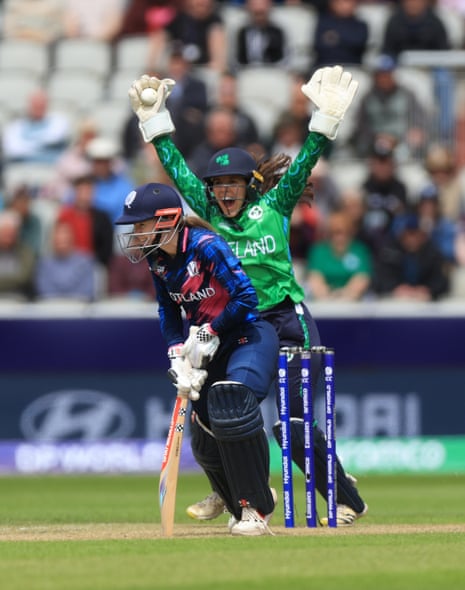 Scotland's Sarah Bryce is dismissed, caught by Arlene Kelly from the bowling of Amy Hunter.