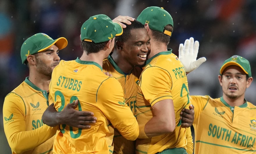 South African teammates congratulate Lungi Ngidi for scoring in his fifth T20I against India last month.