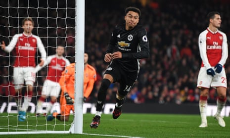 Jesse Lingard celebrates after scoring Manchester United’s third goal in the win at Arsenal.