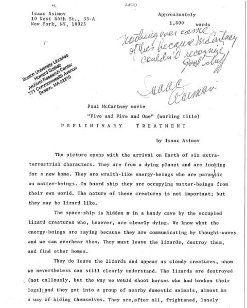 Isaac Asimov’s reshaped treatment of Paul McCartney’s film outline includes his note: ‘Nothing ever came of this because McCartney couldn’t recognise good stuff.’