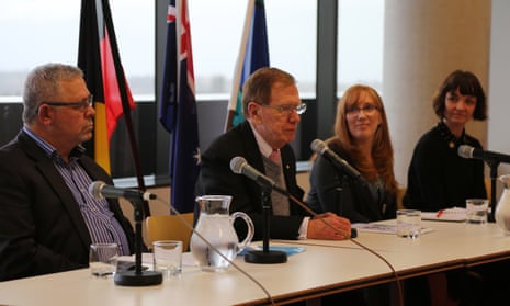 From left, Greg Davison, former high court justice Michael Kirby, Dr Kyllie Cripps and Megan Williams at a University of NSW panel debate on the health and social consequences of Indigenous incarceration, held for Naidoc week on Wednesday.