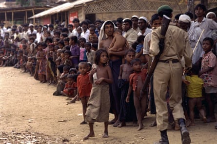 Rohingya people flee from Myanmar to the Cox’s Bazar camp in Bangladesh in 1992.